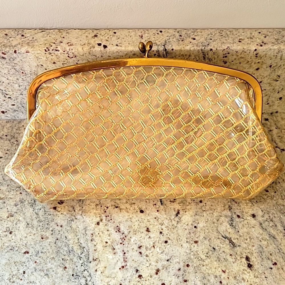 Vintage 1940s Maxuim Crochet Gold Clear Purse Clutch